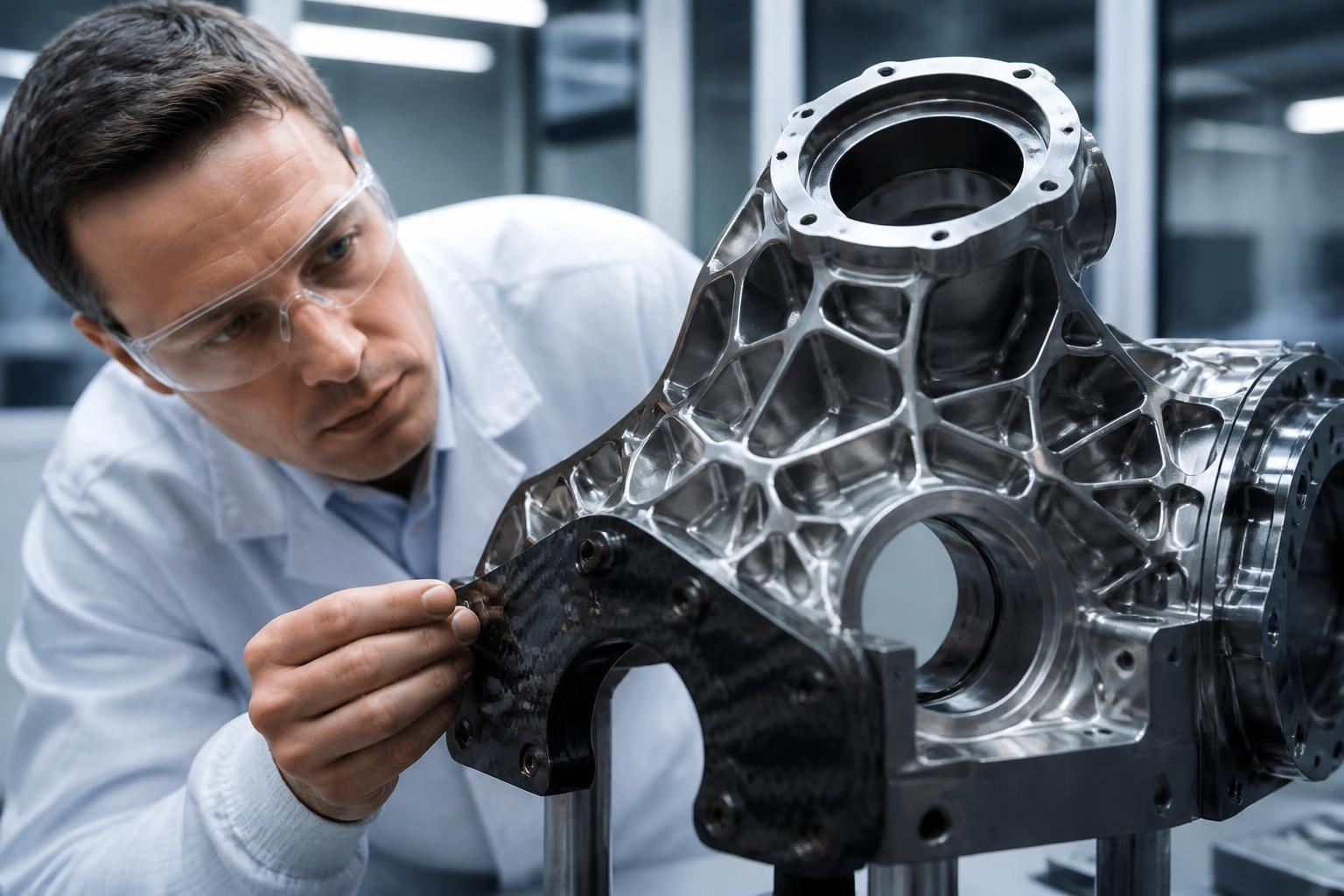 Technicians inspecting a precision machined component inside a clean aerospace manufacturing facility.