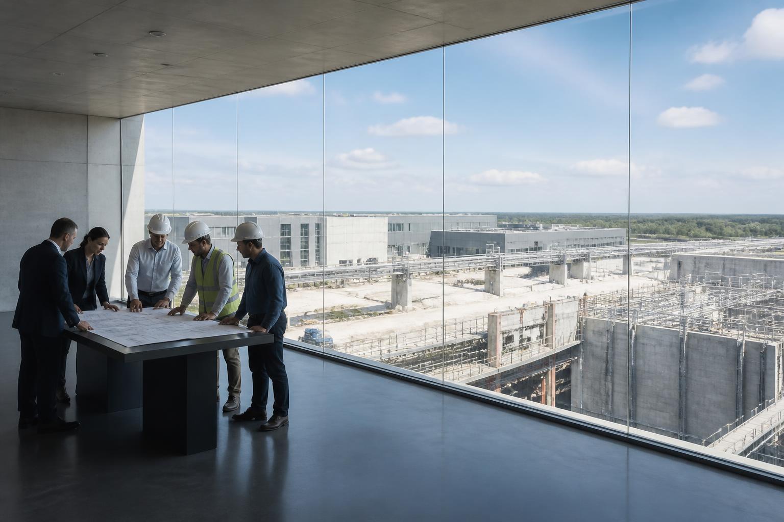 Engineers reviewing plans in front of a large industrial construction project with structural steel.