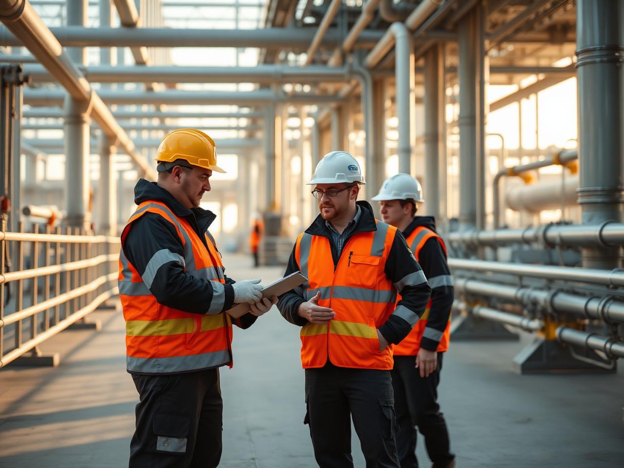 Engineers coordinating inspection and maintenance work at a modern energy facility in morning light.