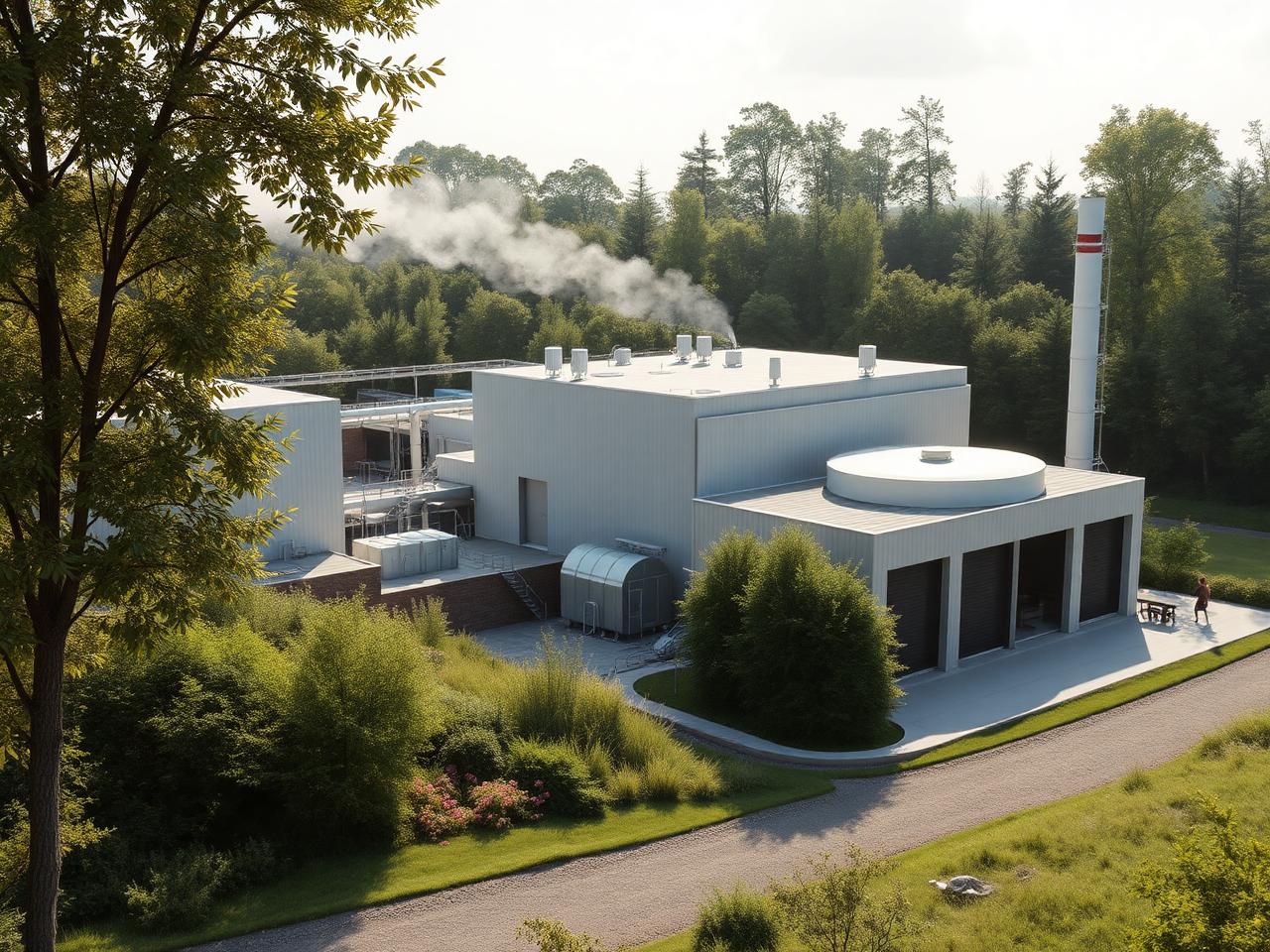 A modern resource-recovery and water-treatment facility integrated with green landscape.