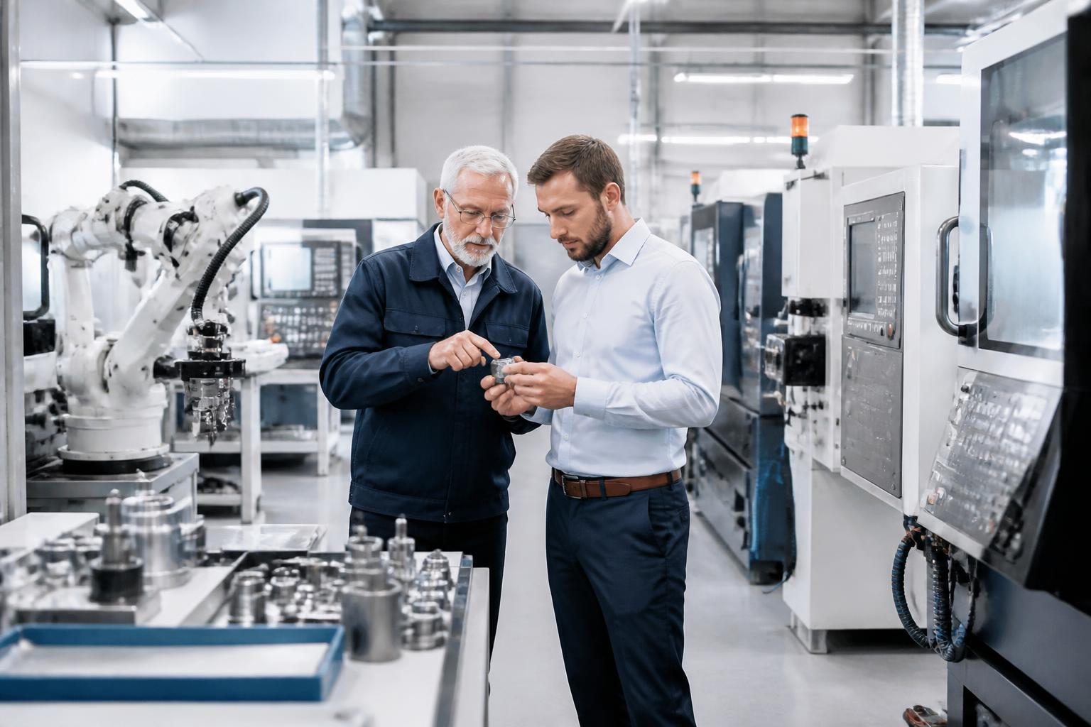 The founder of a specialized manufacturing company and an enterprise procurement executive examining a precision component together.