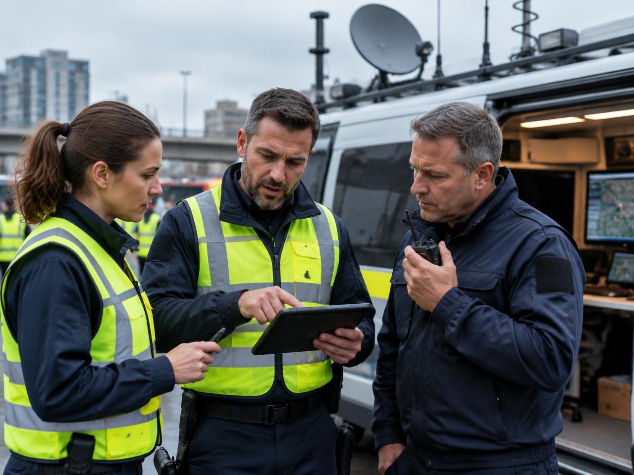 Law-enforcement and civil-protection professionals coordinating a response beside a modern emergency command vehicle.