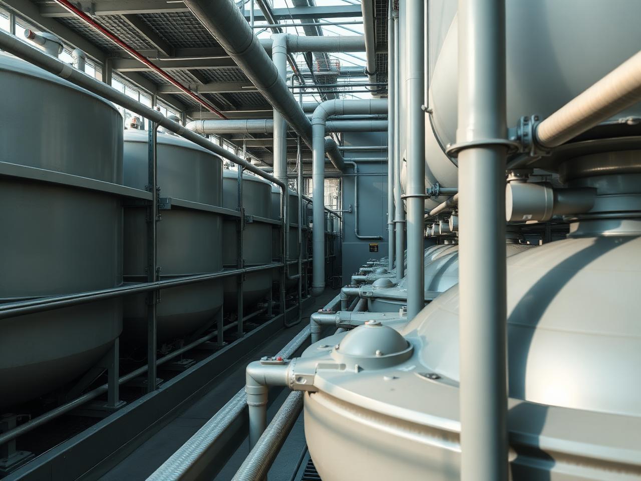 Industrial water treatment infrastructure with clean engineering geometry and natural light.
